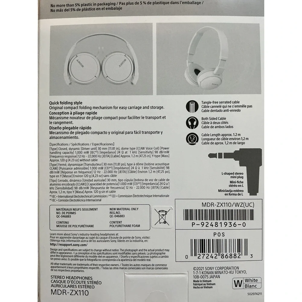 Sony MDR-ZX110 Wired On-Ear Headphones White Folding MDR-ZX110/WZUC